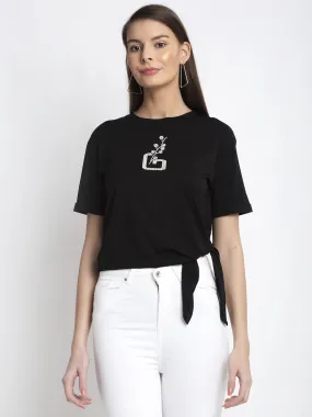 Women Black Crew Neck Solid Top