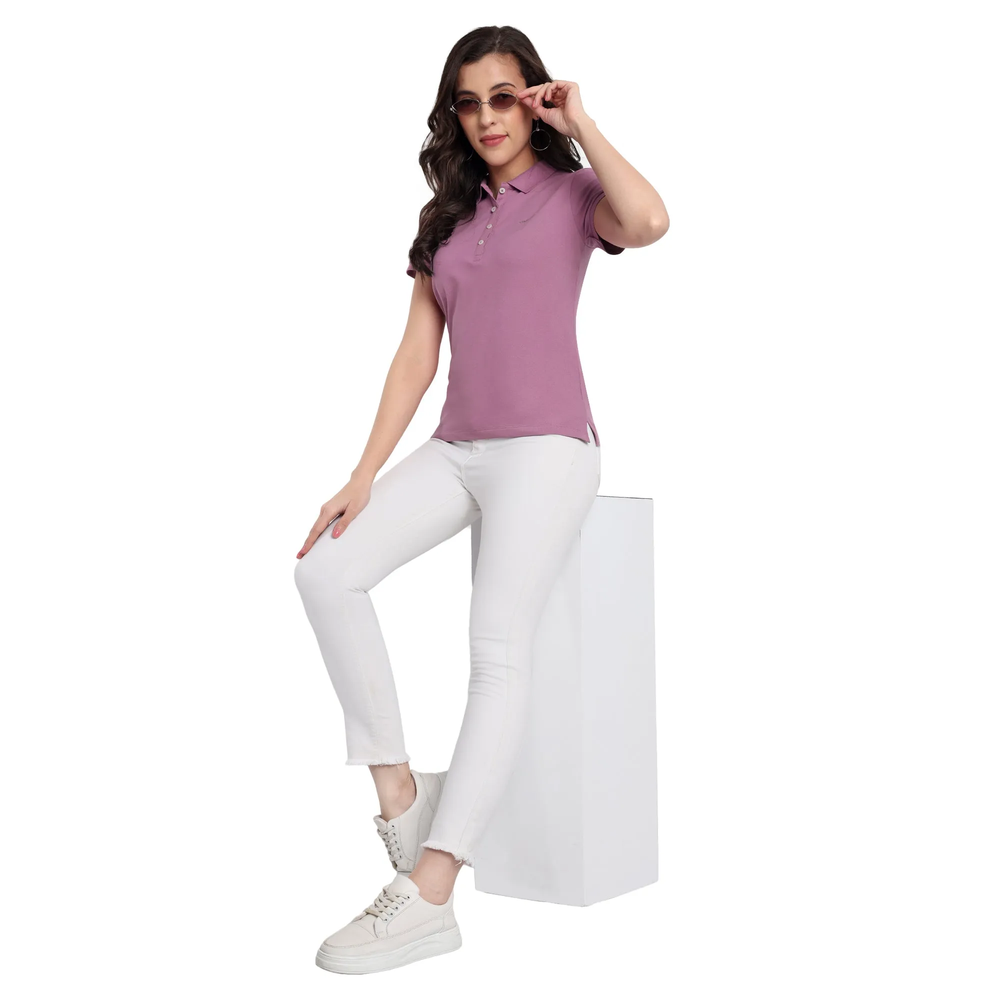 Women Mauve Comfort Cotton Polo T-Shirt