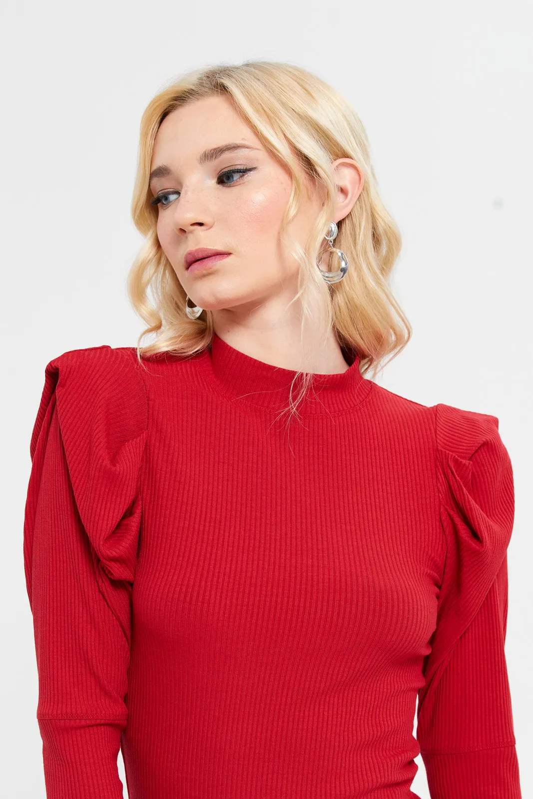 Women Red Mock Neck Long Sleeves Top