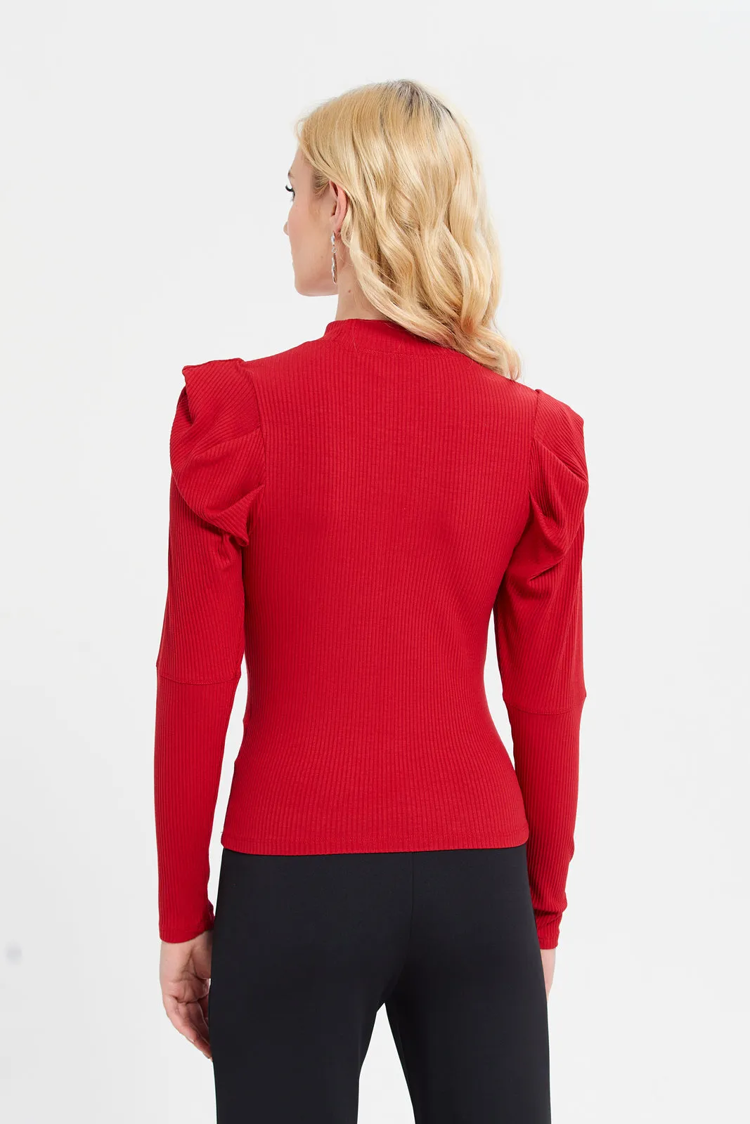 Women Red Mock Neck Long Sleeves Top