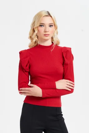 Women Red Mock Neck Long Sleeves Top
