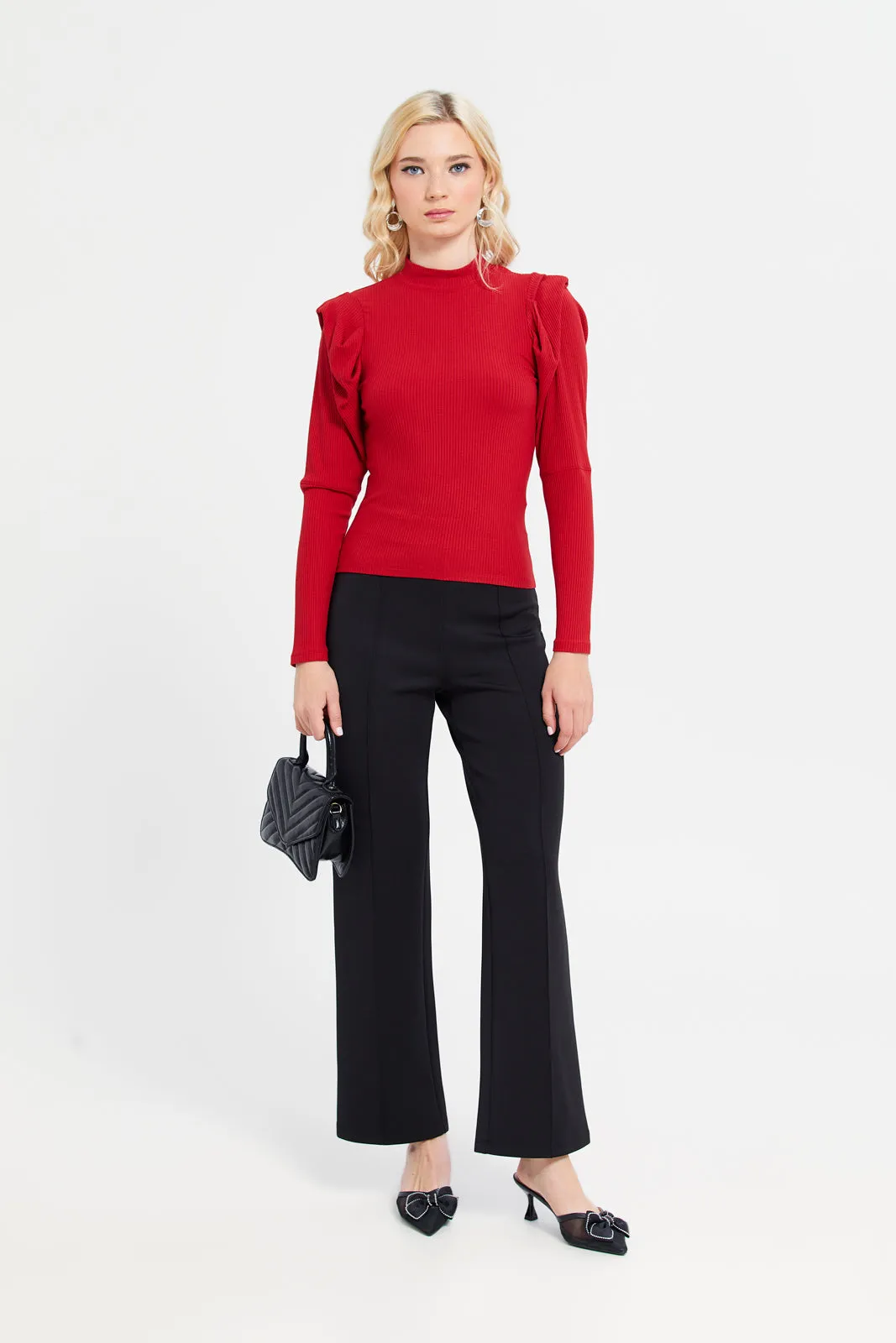 Women Red Mock Neck Long Sleeves Top