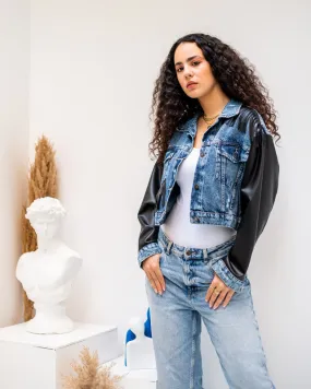 Women's Blue Denim Jacket with Pure Leather Sleeves - Stylish & Trendy Outerwear - Made in Egypt