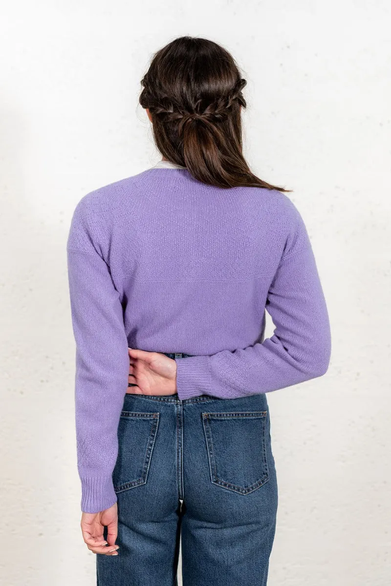 Womens Geelong Superfine Lambswool Gansey Cardigan - Lilac