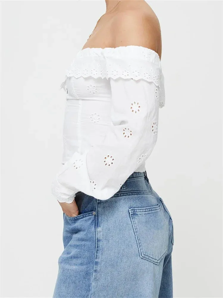 Women's Lace Flowers Hollow Out Crop Tops Long Sleeve Slash Neck Off Shoulder Ruffles Solid Blouse