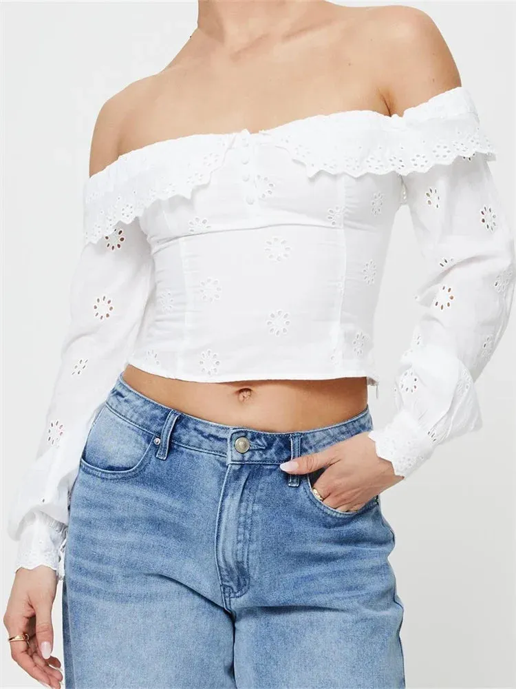Women's Lace Flowers Hollow Out Crop Tops Long Sleeve Slash Neck Off Shoulder Ruffles Solid Blouse