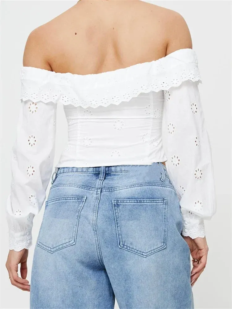 Women's Lace Flowers Hollow Out Crop Tops Long Sleeve Slash Neck Off Shoulder Ruffles Solid Blouse