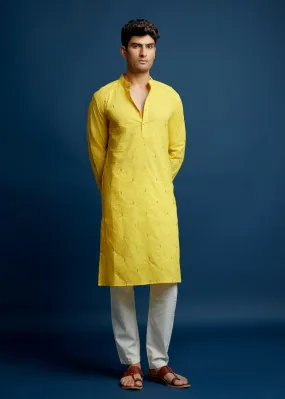 Yellow Cotton Kurta - Embroidery & Print