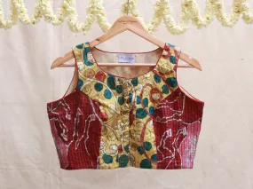Yellow Kalamkari and merlot red batik blouse