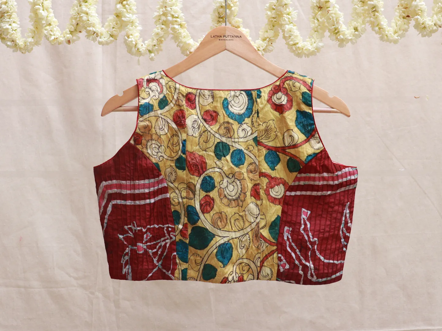 Yellow Kalamkari and merlot red batik blouse