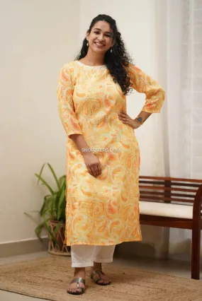 Yellow Semi Linen Kurti With Straight Pants