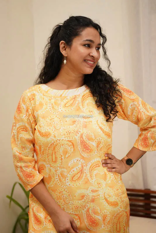 Yellow Semi Linen Kurti With Straight Pants