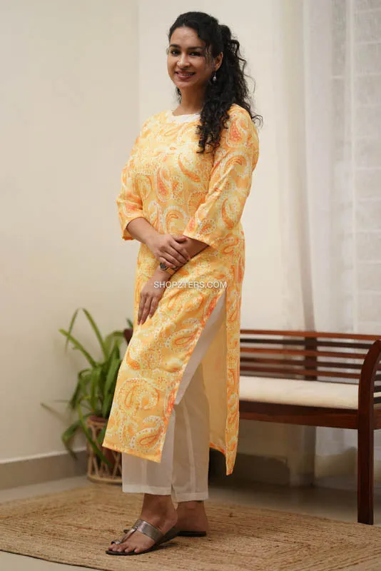 Yellow Semi Linen Kurti With Straight Pants
