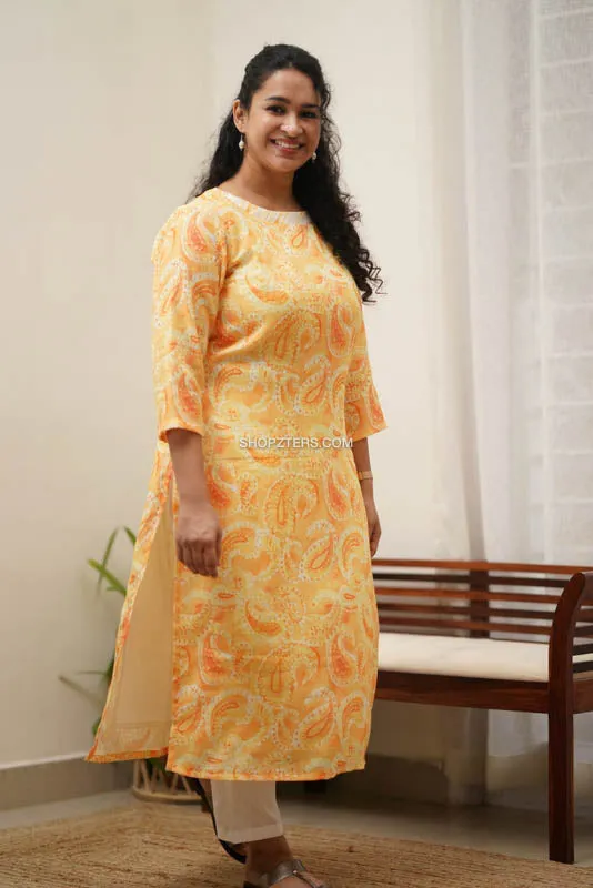 Yellow Semi Linen Kurti With Straight Pants