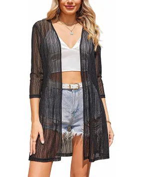 Zeagoo Women's Lace Cardigan 3/4 Sleeve Open Front Kimono Coverup See Through Cover Up for Swimwear (Us Only)