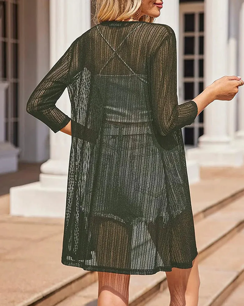 Zeagoo Women's Lace Cardigan 3/4 Sleeve Open Front Kimono Coverup See Through Cover Up for Swimwear (Us Only)