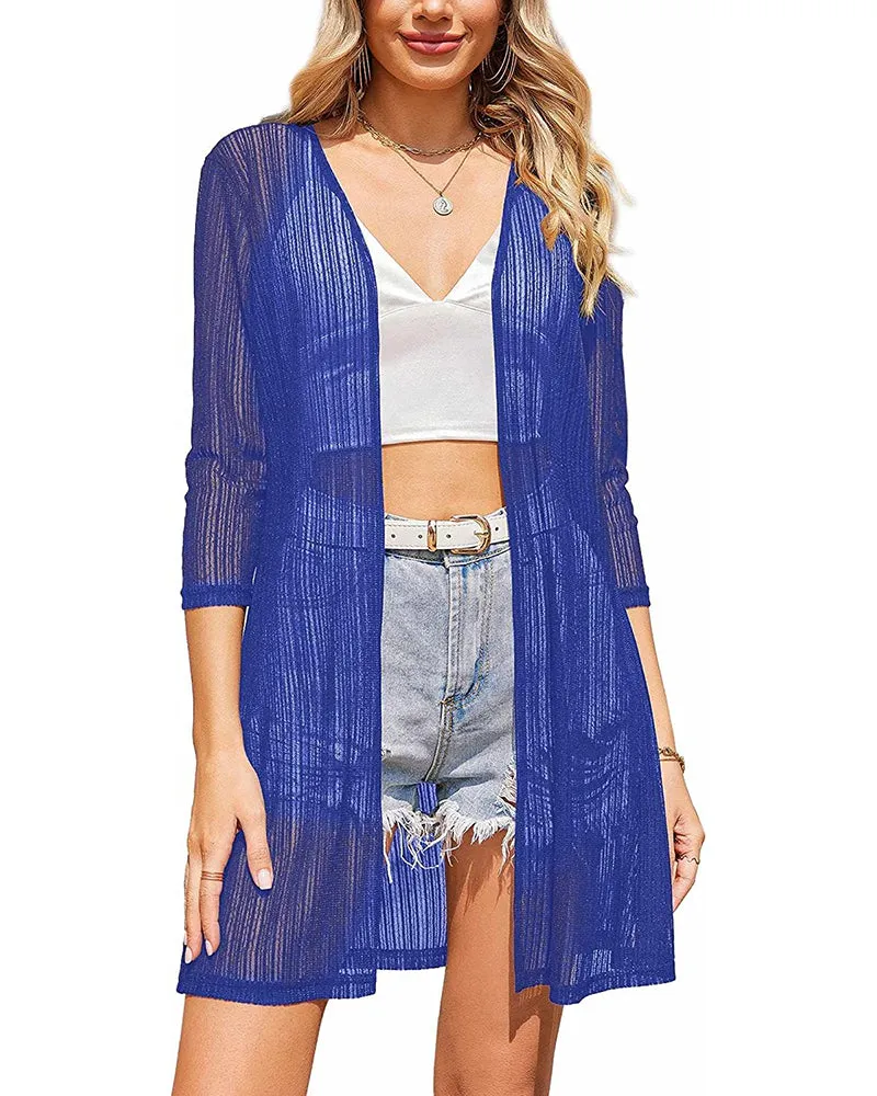 Zeagoo Women's Lace Cardigan 3/4 Sleeve Open Front Kimono Coverup See Through Cover Up for Swimwear (Us Only)