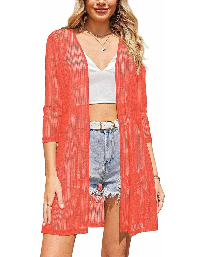 Zeagoo Women's Lace Cardigan 3/4 Sleeve Open Front Kimono Coverup See Through Cover Up for Swimwear (Us Only)