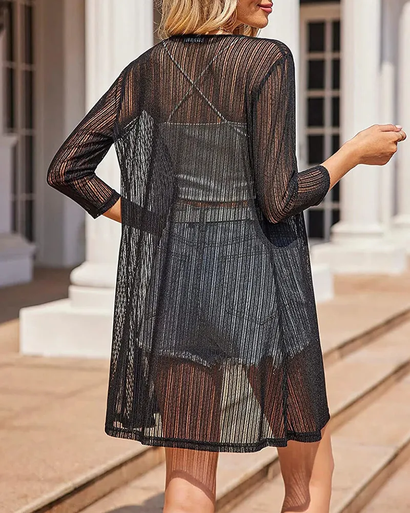 Zeagoo Women's Lace Cardigan 3/4 Sleeve Open Front Kimono Coverup See Through Cover Up for Swimwear (Us Only)