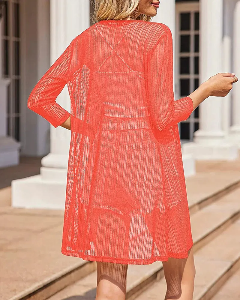 Zeagoo Women's Lace Cardigan 3/4 Sleeve Open Front Kimono Coverup See Through Cover Up for Swimwear (Us Only)